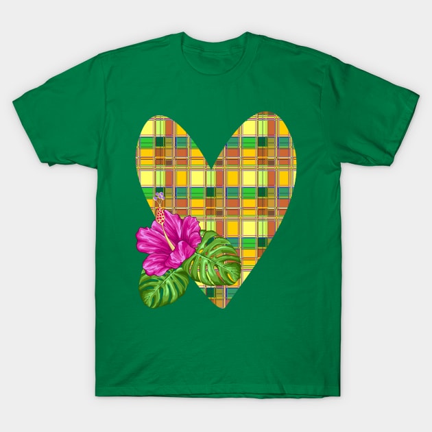 Caribbean Heart and Hibiscus Madras Tartan Fabric T-Shirt by BluedarkArt